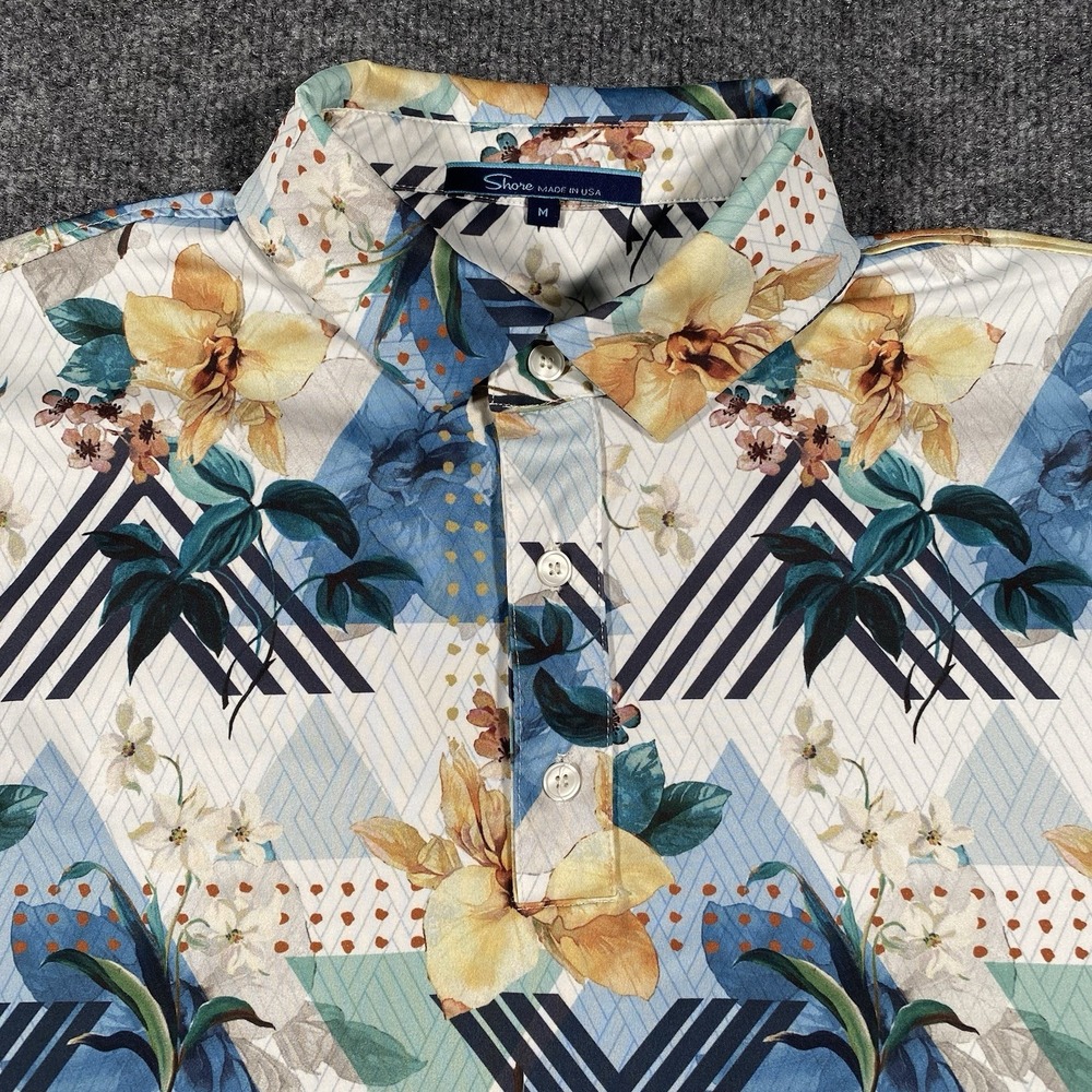 Shore Brand Geometric Floral Print Polo Golf Shirt Mens Medium Made in USA